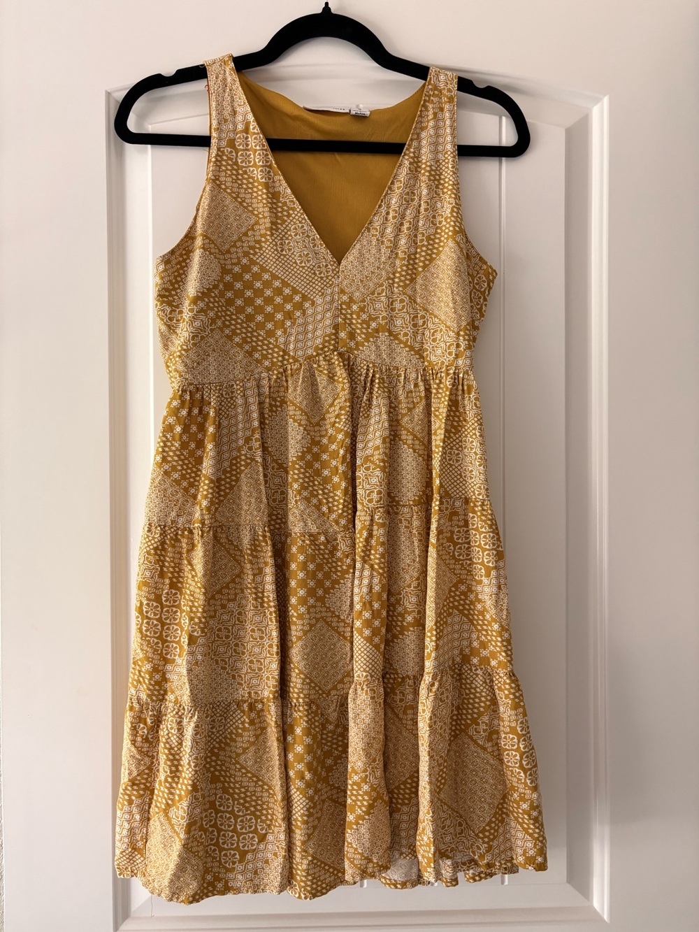 Sincerely Jules Mustard Yellow Printed V-Neck Tiered Mini Dress